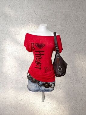 Vintage Y2K Daniela “I Heart You” Off-The-Shoulder Red Top